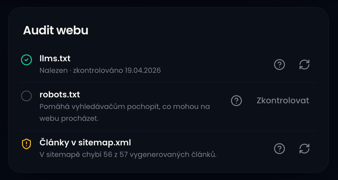 Ukázkový obrázek pro audit viditelnosti webu v Articlero